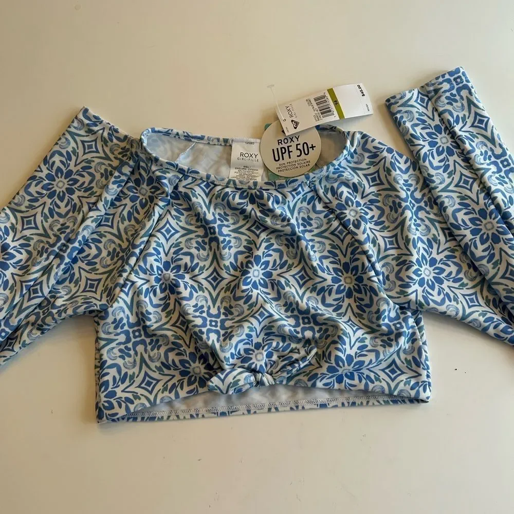 Roxy 2-pc. Fresco Tile Crop Rash Guard Set, Blue bonneT, Size 14, NWT